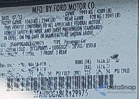 2012 Ford Fusion S z USA, uszkodzony, nr VIN 3FAHP0GA8CR429975